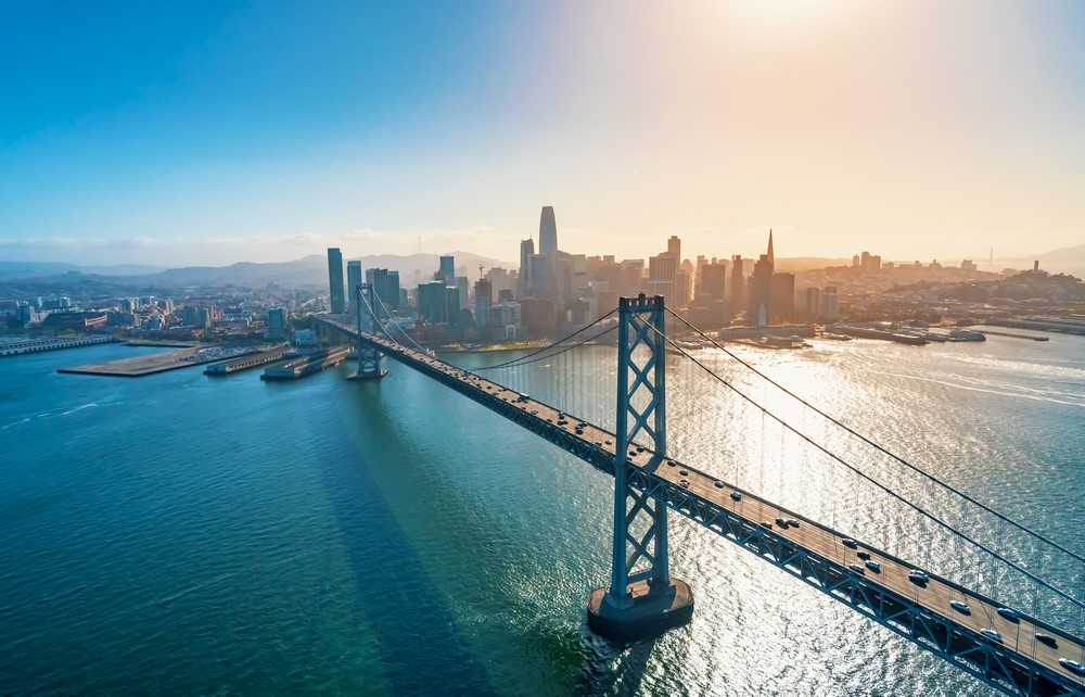 Aerial,View,Of,The,Bay,Bridge,In,San,Francisco,,Ca